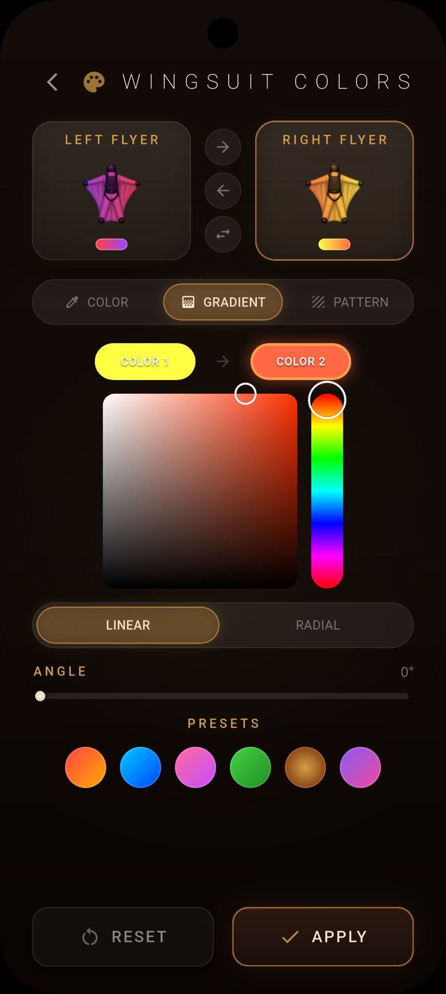 Wingsuit customization with HSV picker and gradient preview