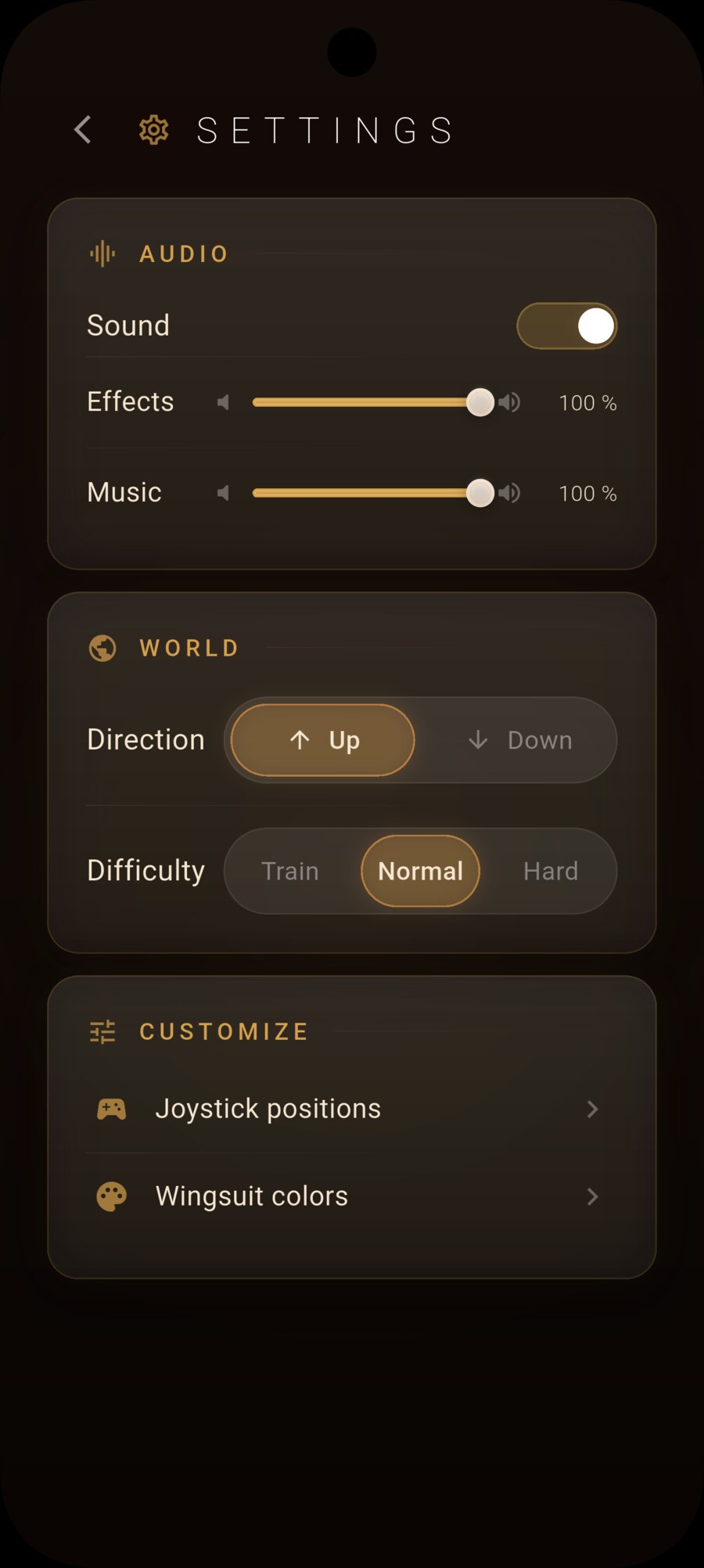 Settings screen showing flight direction and difficulty options