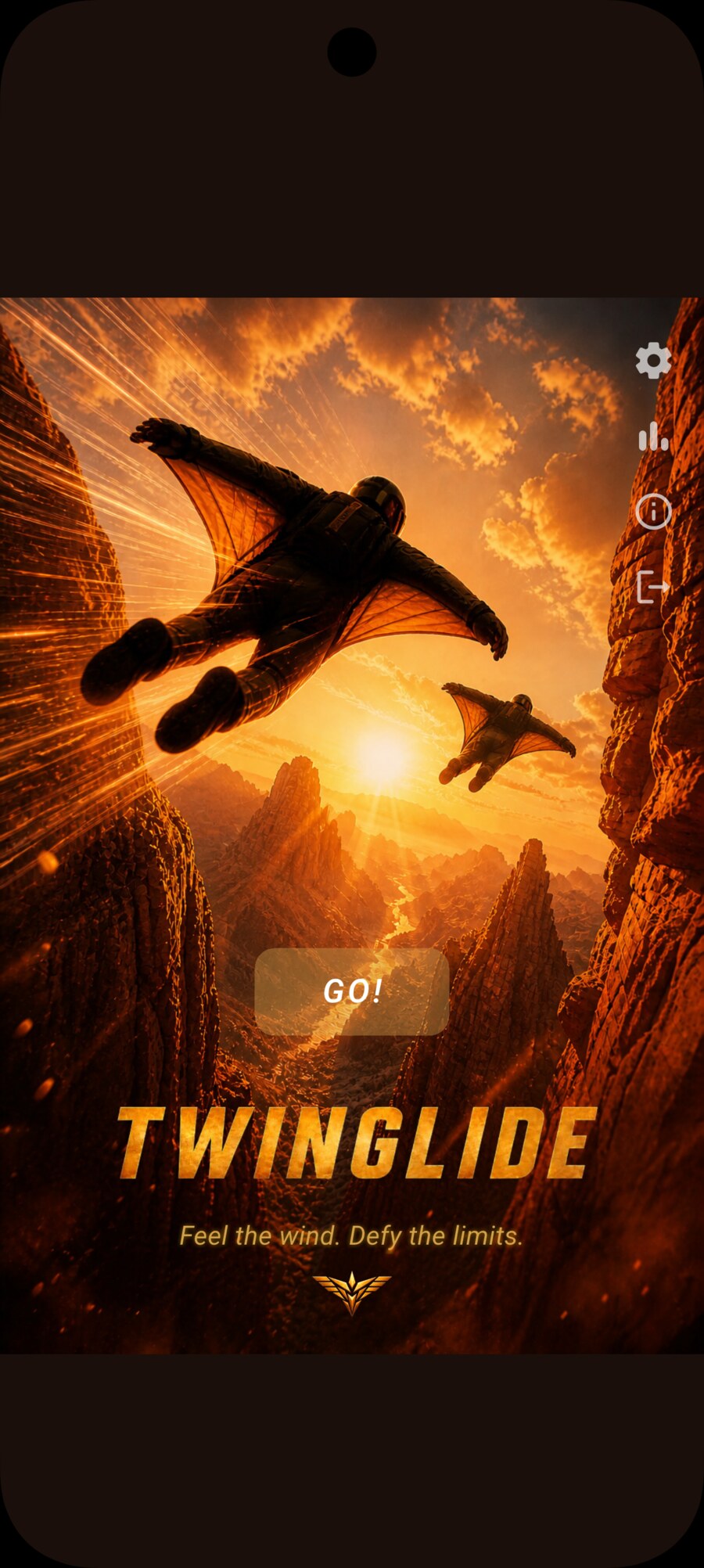 Twinglide main menu with dramatic canyon and GO button